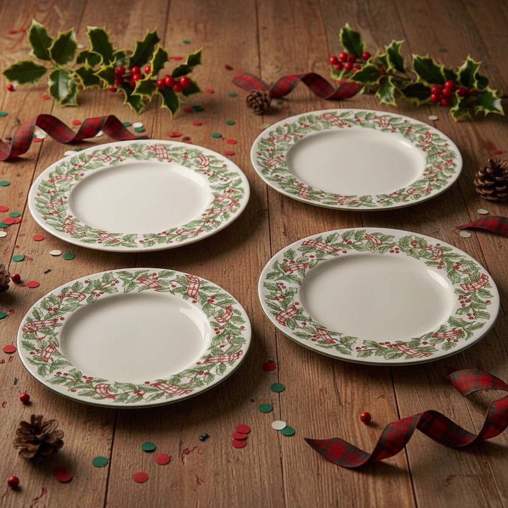 Holiday Ribbon Christmas 4 Bread Plates 6 1/2" Holly & Berry Majesticware
